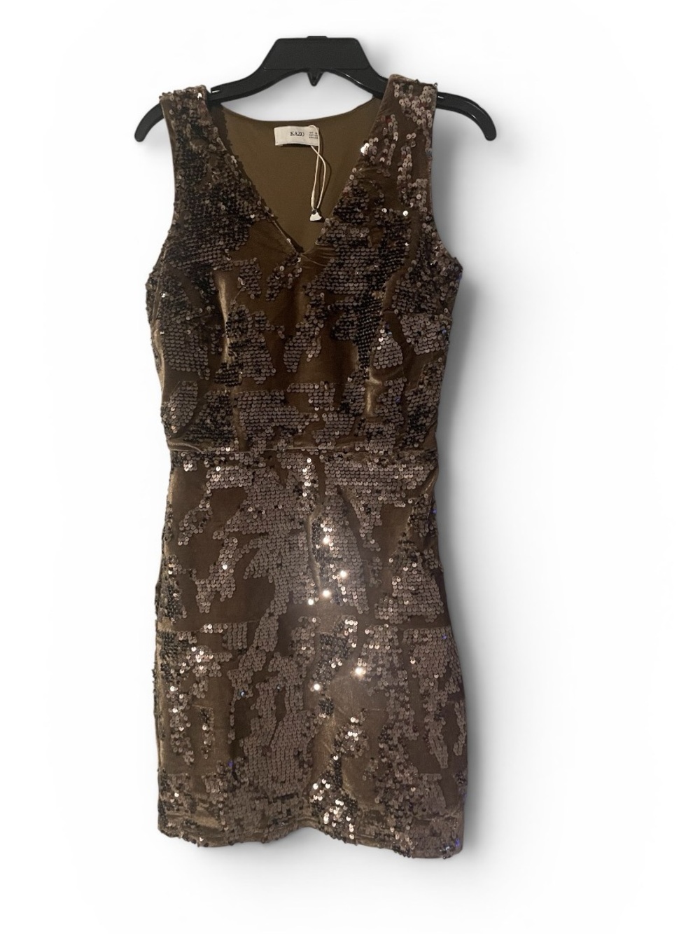 Kazo sequined brown V-neck sleeveless sheath dress.